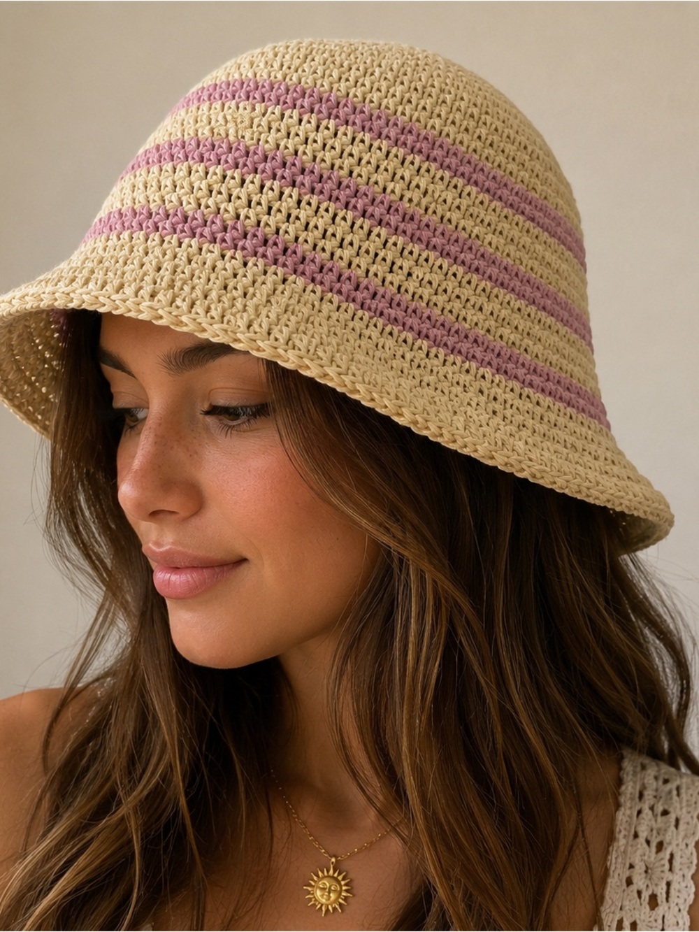 Striped Crochet Bucket Hat - Beige & Pink
